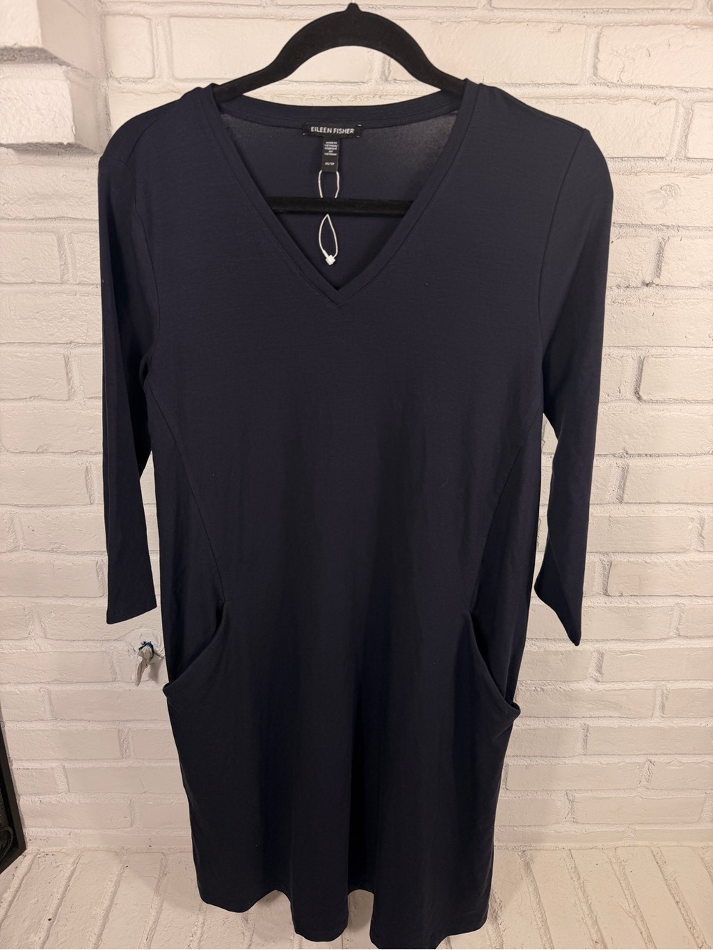 Eileen Fisher Navy Tencel Pocket Shift Dress XS Minimalist Stretch